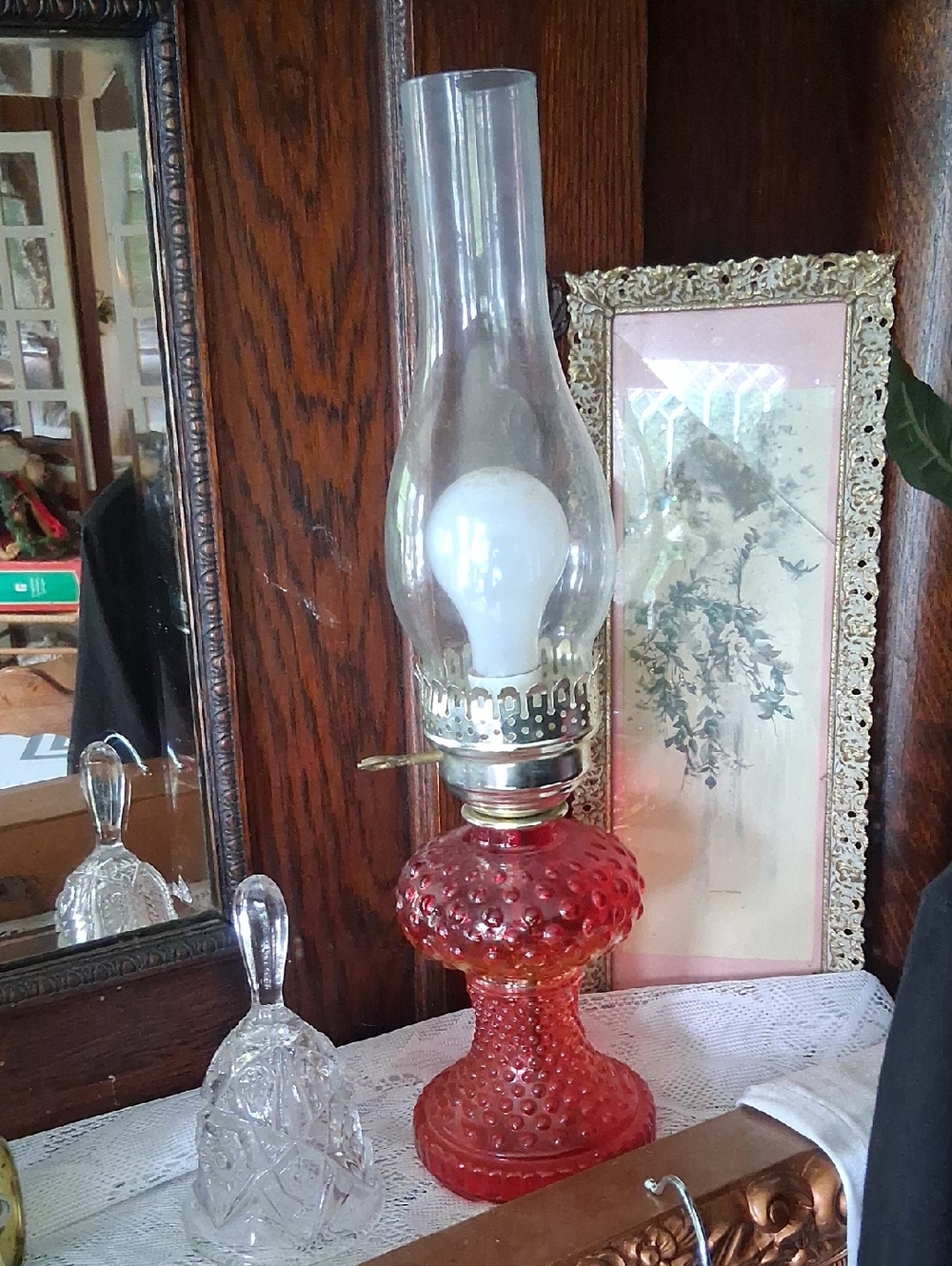 Red Hobnail Glass Oil Lamp - Decorative Accent